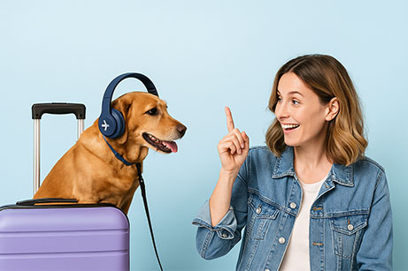 Perro junto a una maleta y una viajera planificando un vuelo