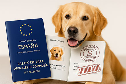 Perro con un documento de pasaporte para mascota y papeles sanitarios