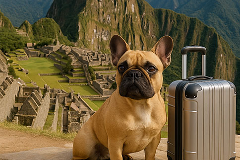 Perro con una maleta frente a un paisaje de Peru